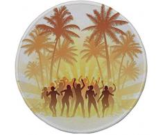 Rutschfreies Gummi-rundes Mauspad, Ozean, Gruppe von Menschen, die unter Palmen am Strand tanzen Tropischer Sommer-Kunstdruck, gelb-weiße Schokolade, 7.9x7.9x3MM
