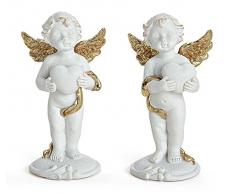 TEMPELWELT 2X Deko Engel Figur Schutzengel Mit Herz je 9 cm, Polystein Weiß Gold, Engelkinder Engelchen Engelpaar Herzengel Liebesengel