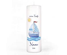 Striefchen® Taufkerze für Jungen mit Namen u. Taufdatum sowie eigenen Taufspruch 8x25 cm - Motiv Segelschiff