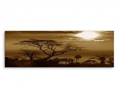 150x50cm Wandbild Panorama Fotoleinwand Bild in Sepia Sonnenuntergang Afrika Baum