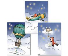Rabano Art® Kinderbilder 3er Set - Fuchs und Hase - Kinderzimmer Deko Bilder DinA4 - Heissluftballon - Flugzeug - Wandbilder Babyzimmer - mit Geschenkumschlag