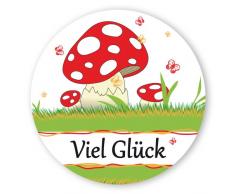 Geschenk-Aufkleber Viel Glück mit Fliegenpilz, rund Ø 30mm selbstklebende PE-Folie, 100 Stück auf Rolle