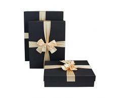 Emartbuy Set von 3 Starre Luxus Präsentierte Geschenkbox in Rechteckform, Schwarze Box mit Deckel, Innenseite Bedruckt und Creme Satin Dekoratives Band