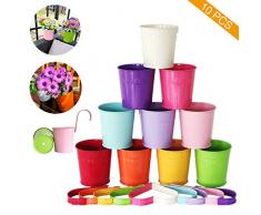 Coideal Metall Eisen Hängende Blumentöpfe Eimer Bunt Garten Blumentopf Vase Wand Übertopf mit abnehmbarem Griff Haken & Ablaufloch für Balkon Garten Zaun Home Decor Ornamente