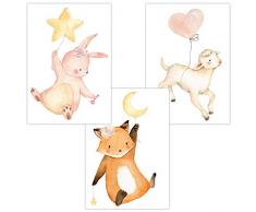 Wandbilder 3er Set für Baby & Kinderzimmer Deko Poster Luftballons Hase Fuchs Schaf | Kunstdruck DIN A4 ohne Rahmen und Dekoration (Luftballons, Hase, Fuchs, Schaf)