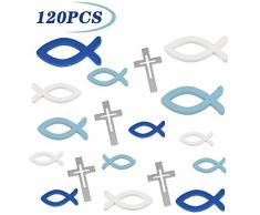 O-Kinee Holzfische Taufe Deko Junge Taufdeko, Holz Fische Kreuz Deko Streudeko Tischdeko Blau Silber für Taufe, Kommunion, Konfirmation- 120 Stück