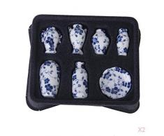SM SunniMix 2X Set 7 STÜCKE 1/12 Puppenhaus Keramik Miniaturen China Porzellan Vase Blue Vine