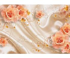 wandmotiv24 Fototapete Rosen Ornament Stofftuch XXL 400 x 280 cm - 8 Teile Fototapeten, Wandbild, Motivtapeten, Vlies-Tapeten Blumen, Gold, Seide M1223