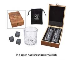 WOMA 8 Whisky Steine mit 4 Whiskey Gläsern & Holz Geschenkbox - Whiskeysteine Geschenkset aus natürlichem Basalt - Eiswürfel Wiederverwendbar