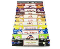 Indian Arts Satya Räucherstäbchen-Set AD 12 x 15g inklusive:Nag Champa, Superhit, Om Shanti, Moschus, Black Champa, Weihrauch Myrrhe, Dragons Fire, Meditation, Sandelholz, Tantra, Vanille
