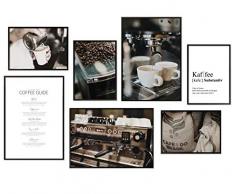 Hyggelig Home Premium Poster Set - 7 passende Bilder im stilvollen Set als Küchen Wand Deko - Collage Vintage Bild Kaffee Coffee Espresso Café - 3 x DIN A3 + 4 x DIN A4 - Set Kaffee ohne Rahmen