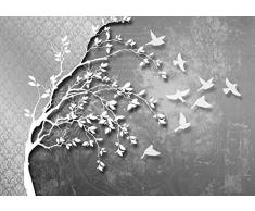 DekoShop Fototapete Vlies Tapete Moderne Wanddeko Wandtapete Dekoration Silber Baum mit Vögeln AMD10231VEXXL VEXXL (312cm. x 219cm.) Tapetenkleister und Überraschungsaufkleber Gratis