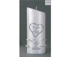 Hochzeitskerze klassisch Oval 23/9 cm, Silber -8029- mit Namen und Datum - Perlmutt-Struktur und Perlenband - Kerze zur Hochzeit - Brautkerze - Herz