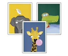Close Up Kinderzimmer Poster Afrika 3er-Set (30 x 40 cm | 11,8x15,7) Babyzimmer Deko Bilder, Tiere Kunstdruck - Elefant, Giraffe & Krokodil