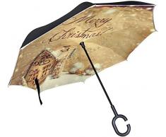 Vintage Weihnachtsdorf Umgekehrter Regenschirm mit C-förmigem Griff für Autos Damen Herren