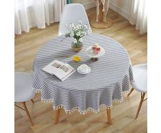Meiosuns Runde Tischdecke Gestreifte Tischdecken Fringe Tischläufer Einfache und Elegante Heimtextilien für den Innen- und Außenbereich (Durchmesser 150 cm, Blaue/weiße Streifen)