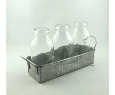 3 Blumenvasen als Flaschenvasen im Zinktablett mit Henkel. 1 Set