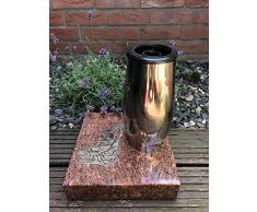 Grabvase 23cm x 12cm und Relief 14cm x 11cm aus Edelstahl inklusive Granitsockel Vanga 25cm x 25cm x 5cm Edelstahlvase Friedhofsvase
