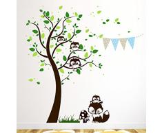 Wandtattoo Baum mit Eulen Eulenwandtattoo Wandtattoo Füchse Wimpel Punkte M1199 (Farbkombi schoko/dklgr./grün/grau/lichtblau, XL)