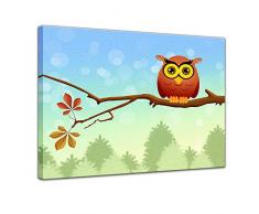 Kunstdruck - Kinderbild - Uhu Cartoon - 70 x 50 cm - Bilder als Leinwanddruck - Kinder - Wald - kleine Eule auf einem Ast