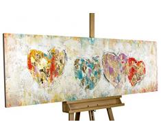 KunstLoft® Acryl Gemälde Color My Heart 150x50cm | original handgemalte Leinwand Bilder XXL | Bunte Herzen Beige Gold | Wandbild Acrylbild Moderne Kunst einteilig mit Rahmen