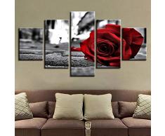 Wenoave Vlies Leinwandbild - Schwarzweiss-Drucke Für Wohnzimmer-Dekor-Wandkunst-Malerei 5-Teiliges Romantisches Rotes Rosenblumen-Leinwand-Bild-Modulares Plakat - Rahmenlos: 200X100 cm