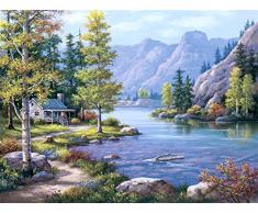 CaptainCrafts Neu Malen nach Zahlen Kits 16x20 für Erwachsene Anfänger Kinder, Creative DIY digitales Ölgemälde Kinder Leinwand - Landschaft, Wald Land Fluss Berg Aussicht Hütte (Mit Rahmen)