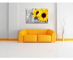 schöne Sonnenblumen auf Holztisch schwarz/weiß Format: 80x60 auf Leinwand, XXL riesige Bilder fertig gerahmt mit Keilrahmen, Kunstdruck auf Wandbild mit Rahmen, günstiger als Gemälde oder Ölbild, kein Poster oder Plakat