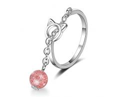 Chandler Ring 925 Sterlingsilber Katze mit rosa Kristallglocke offen, für Damen und Mädchen, Valentinstagsgeschenk – verstellbare Größe Silber