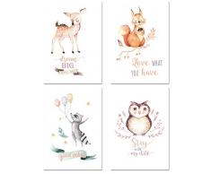 PICSonPAPER Kinder Poster 4er-Set Waldtiere, ungerahmt DIN A4, Dekoration fürs Kinderzimmer, Babyzimmer, Kinderposter, Babyposter, Wasserfarben, Wandbild (ungerahmt DIN A4)
