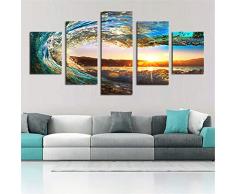 xdxart 5 PCS Home Decor Bilder Bedruckte Leinwand Malerei, Decor – Sunset Sea Wave Wasser Spray Art Wand Öl Gemälde bedruckt Bilder (ohne Holzrahmen), 12x16x2p+12x24x2p+12X32inch