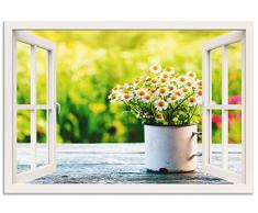 Artland Wandbild Alu für Innen & Outdoor Metall Bild 70x50 cm Botanik Blumen Gänseblümchen Fotografie Grün Fensterblick Garten mit Gänseblümchen T4UG
