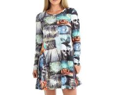 FASHION FAIRIES Damenkleid, langärmelig, Rosenkerze, Halloween-Aufdruck, ausgestellt, Swing-Kleid Gr. 38-40, Krähen-Kürbis-Print