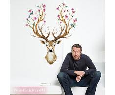 WandSticker4U- XL Wandtattoo HIRSCH Kopf mit Blumen und Vögeln I Wandbilder: 97x81cm I Wandsticker Rentier Geweih Wald-tiere Reh I Wand Deko für Wohnzimmer Schlafzimmer Küche Flur