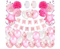Geburtstagsdeko Mädchen Happy Birthday Girlande Ballons Geburtstag Dekoration Set mit Luftballons Rosa, Seidenpapier Pompoms Rosa für Deko Geburtstag Taufe Mädchen