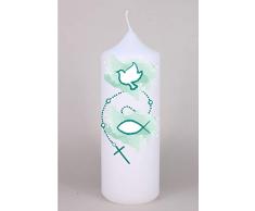 Kerzenhelden Kommunionkerze mit Namen und Datum Fisch und Taube Schlichtes Motiv Tischdeko für Kommunion Altarkerze Weiß