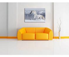 Weißes Pferd auf Schneewiese Format: 100x70 cm auf Leinwand, XXL riesige Bilder fertig gerahmt mit Keilrahmen, Kunstdruck auf Wandbild mit Rahmen, günstiger als Gemälde oder Ölbild, kein Poster oder Plakat