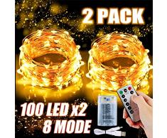 2x 100 Led Lichterkette Weihnachtsbaum Batterie TBoonor Lichterketten für Zimmer, 20M Wasserdicht Kupferdraht Lichterkette mit 8 Modi Fernbedienung & Timer für Party, Außen (Warm weiß - 100Led*2)