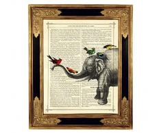 Elefant Vögel Afrika Poster Kunstdruck auf viktorianischer Buchseite Geschenk Kinderzimmer Deko Steampunk Bild ungerahmt