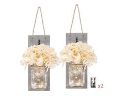Ruiuzi 2 Stück rustikale Mason Jar Wandleuchter, Vintage rustikale Holz-Dekoration, Schmiedeeiserne Haken, Seide Hortensien und LED-Lichterketten Design für Zuhause Dekoration (white)