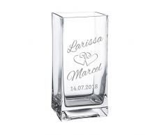 Casa Vivente Blumenvase aus Glas mit Gravur, Motiv Herzen, Personalisiert mit Namen und Datum, Dekoration, Hochzeitsgeschenk für Brautpaar