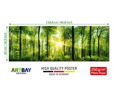 ARTBAY Wald Poster XXL, Panorama Kunstdruck - 118,8 x 42 cm, von Sonne durchfluteter, Zauberhafter, heimischer Wald | Wandposter, Fotoposter, Wandgestaltung | Natur Poster | Premium Qualität
