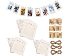 Fashion HW 30 stücke Fotorahmen aus Pappe, zum Aufhängen, 10 x 15 cm，DIY Kraftpapier Bilderrahmen Hängende Wanddekoration mit 30 stücke Clips und 3 stücke Hanf Seile Set (Weiß)