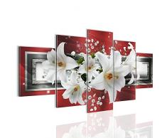 Bilder Blumen Lilien Wandbild 200 x 100 cm Vlies - Leinwand Bild XXL Format Wandbilder Wohnzimmer Wohnung Deko Kunstdrucke Rot 5 Teilig - MADE IN GERMANY - Fertig zum Aufhängen 204751b