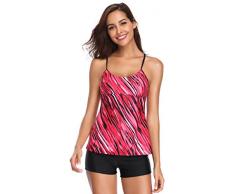 SHEKINI Damen Geteilter Tankini Set Abstraktes Ölgemälde-Muster Mit Abnehmbare Brustpolster Weste Und Viereckige Badehose Bikini Set Zweiteiliger Großer Badeanzug S-XXL (XXL, Rose Rote Tarnung)