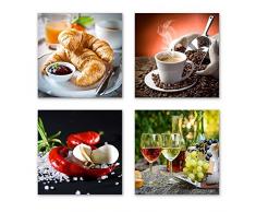 Küchen Bilder Set A schwebend, 4-teiliges Bilder-Set jedes Teil 29x29cm, Seidenmatte Optik auf Forex, moderne Optik, UV-stabil, wasserfest, Kunstdruck für Büro, Wohnzimmer, Deko Bild, Kaffee Obst Wein