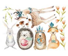 GRAZDesign Wandtattoo Kinderzimmer Tiere - Wandsticker Waldtiere Fuchs Hase Rehkitz - Babyzimmer Kinder Baby Mädchen Junge Tapetensticker Deko Aquarell/Blattgröße 57x80cm