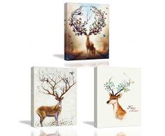 Piy Painting wasserdichte 3 teilig Wasserfarbe Wandbilder Hirsch Rehe Ölgemälde Leinwandbild Davidshirsch Fotoleinwand Bilder und Kunstdrucke auf Leinwand Wanddeko für Küche Schlafzimmer 3er Set