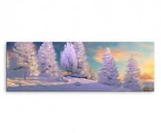 Panoramabild 150x50cm Landschaftsfotografie - Baumgruppe im Schnee mit Mond auf Leinwand exklusives Wandbild moderne Fotografie für ihre Wand in vielen Größen