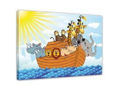Kunstdruck - Kinderbild - Arche Noah Cartoon - Bild auf Leinwand - 120x90 cm - Leinwandbilder - Kinder - Bibel - Flut - Boot im Wasser - Tiere